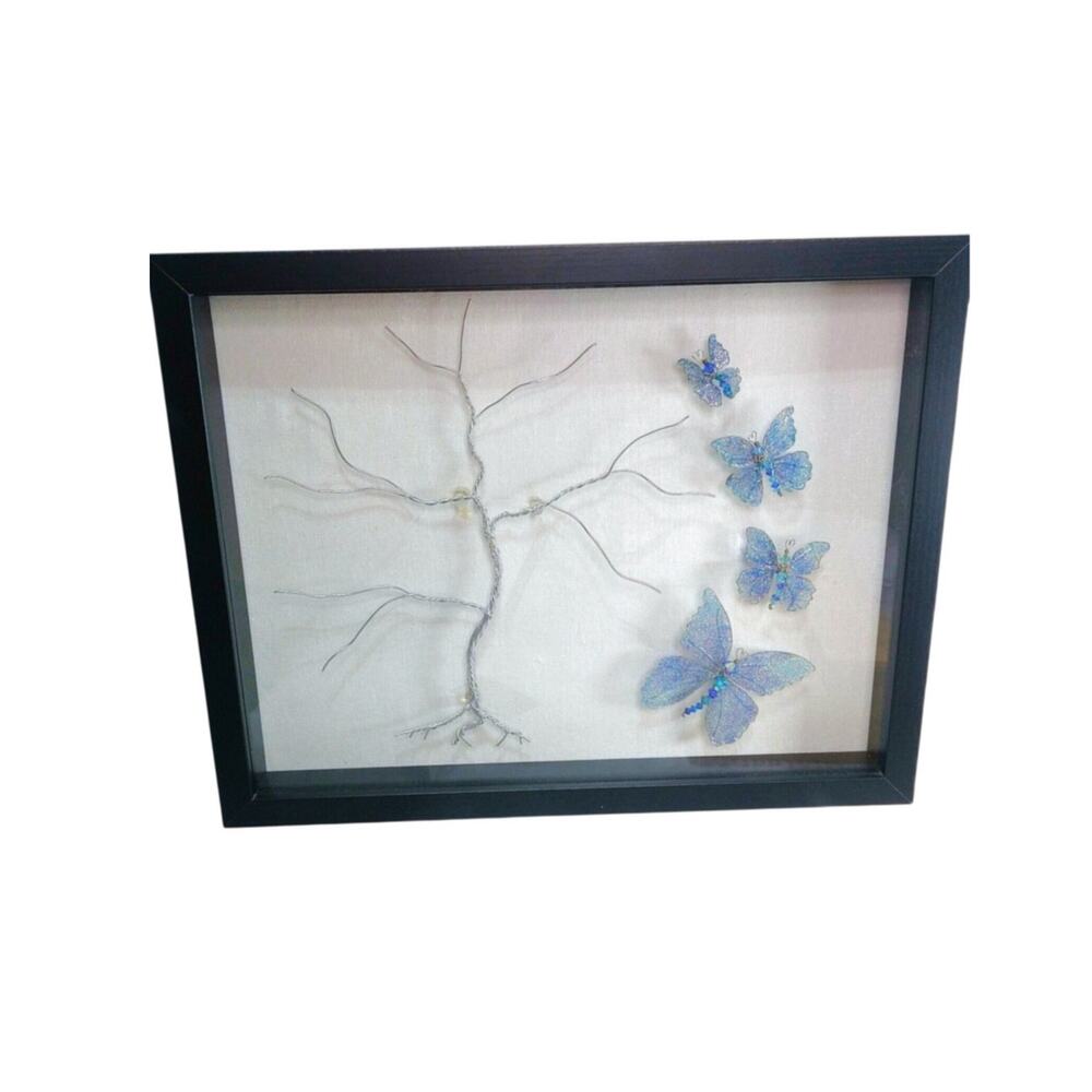 Artisan Butterfly Art Whimsical Wings Wire Tree Minimalist Shadow Box 15x12 NEW